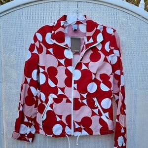 Anthopologie Red and Pink Bomber Jacket with Geometric Design